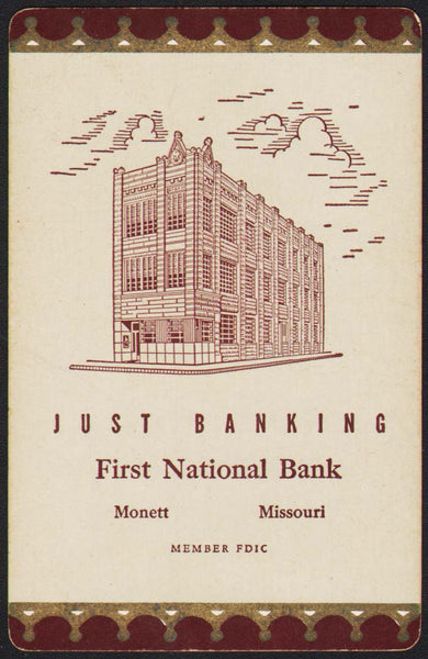 Vintage playing card FIRST NATIONAL BANK maroon border building Monett Missouri