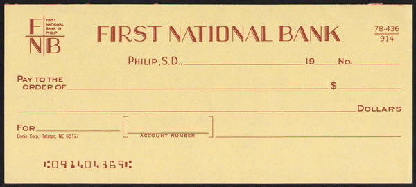 Vintage bank check FIRST NATIONAL BANK Philip South Dakota new old stock n-mint+