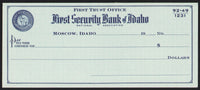 Vintage bank check FIRST SECURITY BANK of IDAHO Moacow Idaho new old stock n-mint+