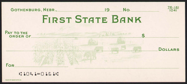 Vintage bank check FIRST STATE BANK farm scene with cows Gothenburg Nebraska