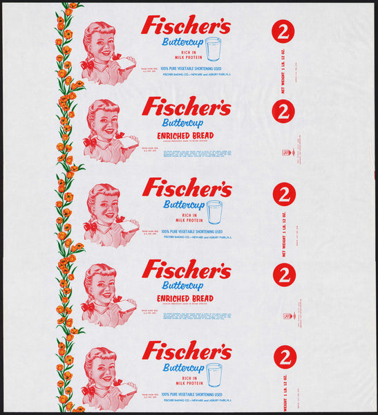 Vintage bread wrapper FISCHERS BUTTERCUP girl pictured 1949 Newark Asbury Park New Jersey