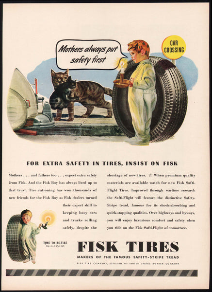 Vintage magazine ad FISK TIRES 1945 Fisk Boy and mother cat with kitten pictured