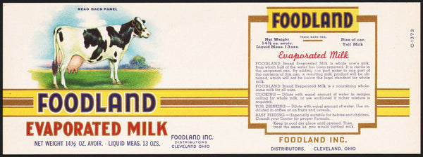 Vintage label FOODLAND EVAPORATED MILK cow pictured Cleveland Ohio unused n-mint