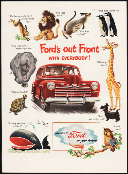 Vintage magazine ad FORDS OUT FRONT from 1946 with red car and animals pictured