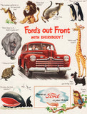 Vintage magazine ad FORDS OUT FRONT from 1946 with red car and animals pictured