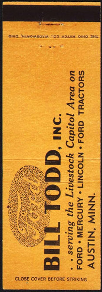 Vintage matchbook cover BILL TODD FORD full length with nice logo Austin Minnesota