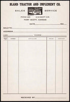 Vintage receipt FORD FERGUSON Bland Tractor Fort Scott Kansas 1940s unused n-mint+