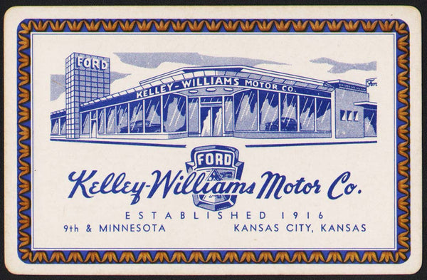 Vintage playing card FORD Kelley Williams Motor blue dealership Kansas City Kansas