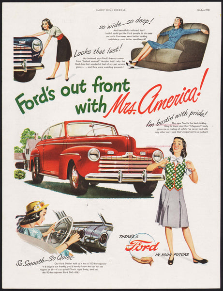 Vintage magazine ad FORDS OUT FRONT with Mrs America from 1946 red car pictured