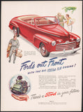 Vintage magazine ad FORDS OUT FRONT from 1946 picturing a red convertible car