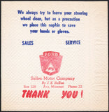 Vintage napkin FORD old logo Sallee Motor Company Phone 22 Ava Missouri n-mint