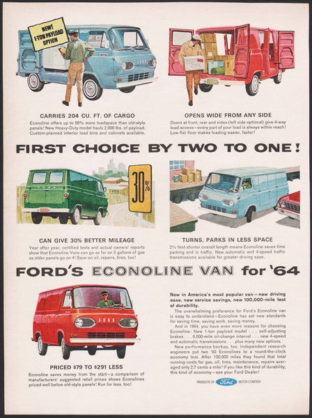 Vintage magazine ad FORDS ECONOLINE VAN from 1964 blue red and green vans pictured