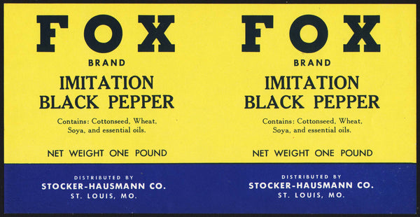 Vintage label FOX BLACK PEPPER One Pound size Stocker Hausmann St Louis Missouri