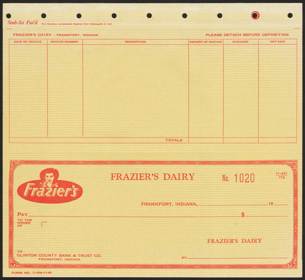 Vintage bank check FRAZIERS DAIRY woman pictured triplicate Frankfort Indiana n-mint+