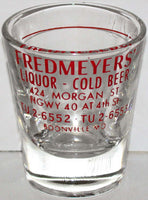 Vintage shot glass FREDMEYERS LIQUOR Cold Beer old Boonville Missouri n-mint+