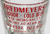 Vintage shot glass FREDMEYERS LIQUOR Cold Beer old Boonville Missouri n-mint+
