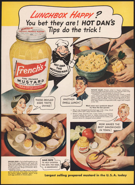Vintage magazine ad FRENCHS MUSTARD from 1944 picturing Hot Dan the Mustard Man