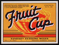 Vintage soda pop bottle label FRUIT CUP Indiana Harbor new old stock n-mint+