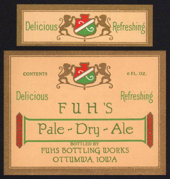 Vintage soda pop bottle label FUHS PALE DRY ALE Ottumwa Iowa new old stock n-mint+