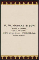 Vintage playing card F W GOHLKE and SON Quality Coal Phone 2-3031 Kankakee ILL