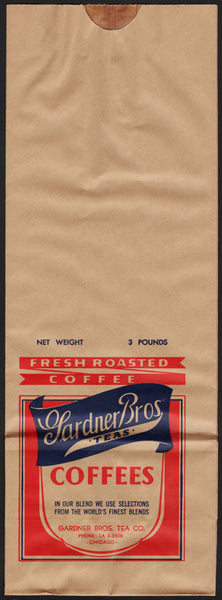 Vintage bag GARDNER BROS TEAS COFFEES 3lb Chicago unused new old stock n-mint