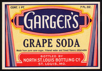 Vintage soda pop bottle label GARGERS GRAPE SODA St Louis unused new old stock