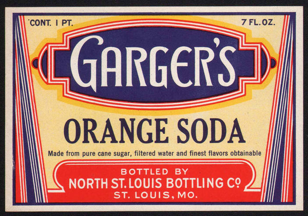 Vintage soda pop bottle label GARGERS ORANGE SODA St Louis unused new old stock