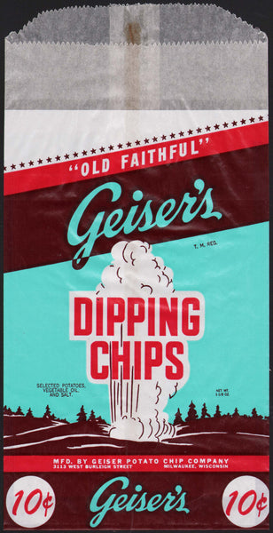 Vintage bag GEISERS DIPPING CHIPS picturing Old Faithful Milwaukee unused n-mint