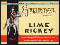 Vintage soda pop bottle label GENERAL LIME RICKEY Madison Wisconsin unused n-mint+