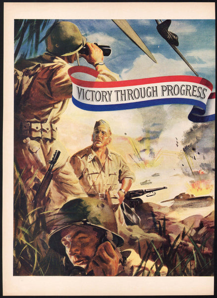 Vintage magazine ad GENERAL MOTORS 1943 World War II battle scene artwork 2 page