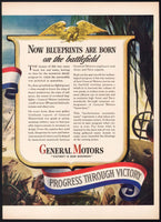 Vintage magazine ad GENERAL MOTORS 1943 World War II battle scene artwork 2 page
