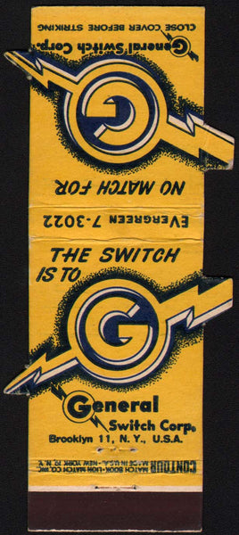 Vintage matchbook cover GENERAL SWITCH Brooklyn NY lightning pictured die cut Contour