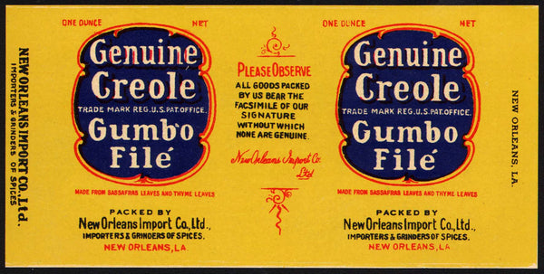 Vintage label GENUINE CREOLE Gumbo File New Orleans Import Co Louisiana n-mint+