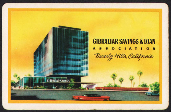 Vintage playing card GIBRALTAR SAVINGS and LOAN yellow Beverly Hills California