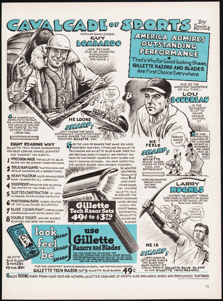 Vintage magazine ad GILLETTE RAZORS and BLADES Cavalcade of Sports Lombardo Boudreau