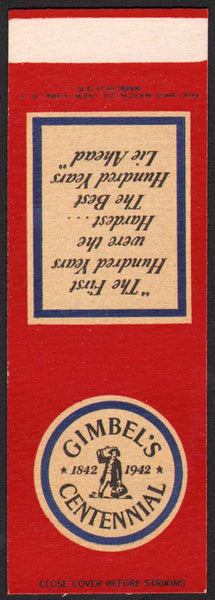 Vintage matchbook cover GIMBELS CENTENNIAL 1942 New York City salesman sample