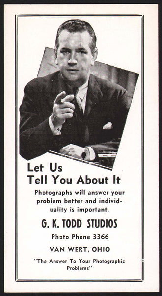 Vintage ink blotter G K TODD STUDIOS Photographs man pictured Van Wert Ohio n-mint