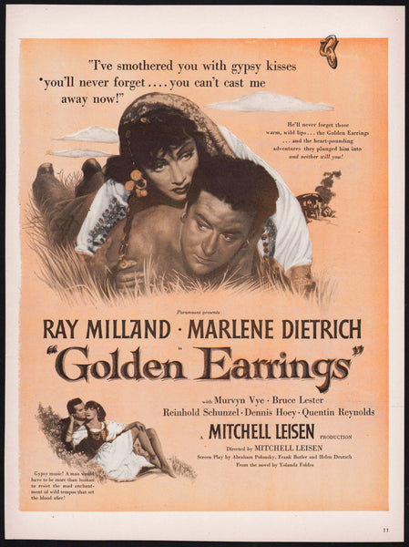 Vintage magazine ad GOLDEN EARRINGS movie from 1947 Ray Milland Marlene Dietrich