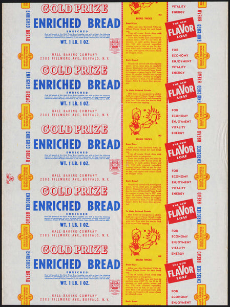 Vintage bread wrapper GOLD PRIZE ENRICHED magician Hall Baking Buffalo NY unused