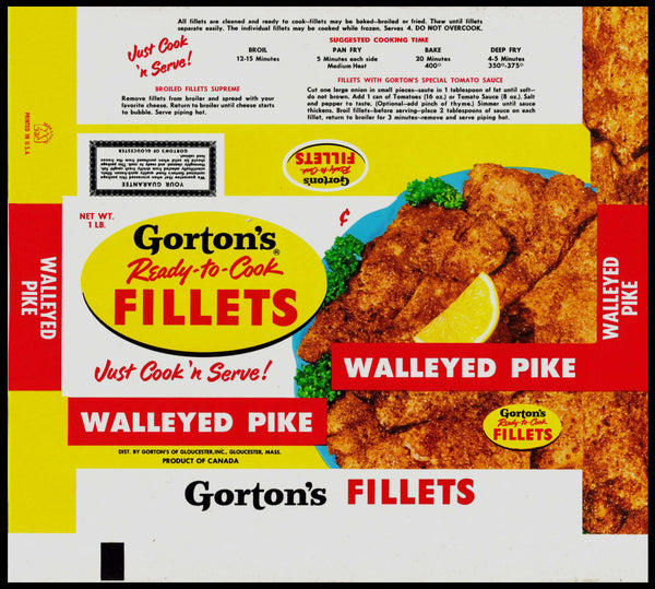 Vintage wrapper GORTONS FILLETS Walleyed Pike fish pictured Gloucester MA n-mint