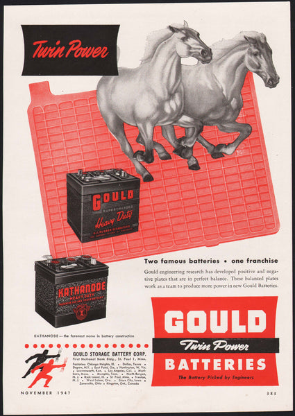 Vintage magazine ad GOULD TWIN POWER BATTERIES 1947 horses and batteries pictured