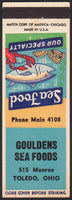 Vintage matchbook cover GOULDENS SEA FOODS lobster and fish pictured Toledo Ohio