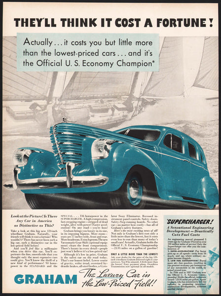 Vintage magazine ad GRAHAM from 1937 blue automobile with Supercharger pictured