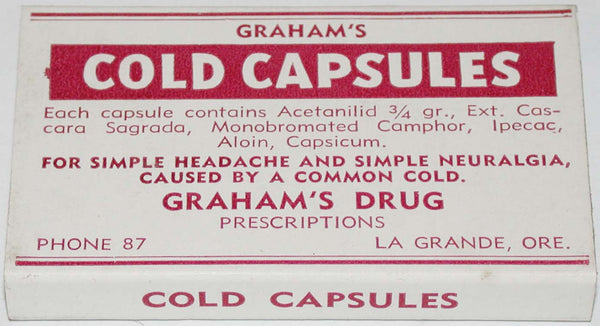 Vintage box GRAHAMS COLD CAPSULES Grahams Drug La Grande Oregon unused n-mint