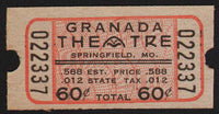 Vintage ticket GRANADA THEATRE Springfield Missouri unused new old stock n-mint+