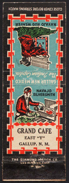 Vintage matchbook cover GRAND CAFÉ Navajo Rug Weaver Silversmith pics Gallup NM