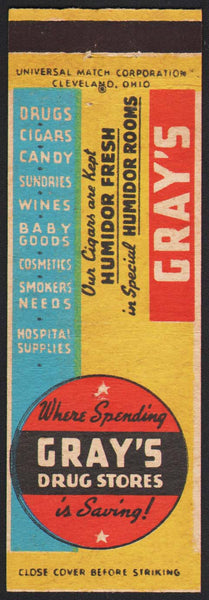 Vintage matchbook cover GRAYS DRUG STORES Drugs Cigars Candy Sundries Cosmetics
