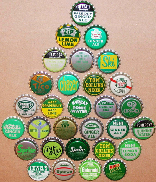 Vintage soda pop bottle caps GREEN COLORS Lot of 30 different new old stock