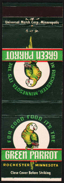Vintage matchbook cover GREEN PARROT FOOD with bird pictured Rochester Minnesota