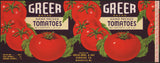 Vintage label GREER TOMATOES Greer Bros and Day Marshfield Missouri unused n-mint+